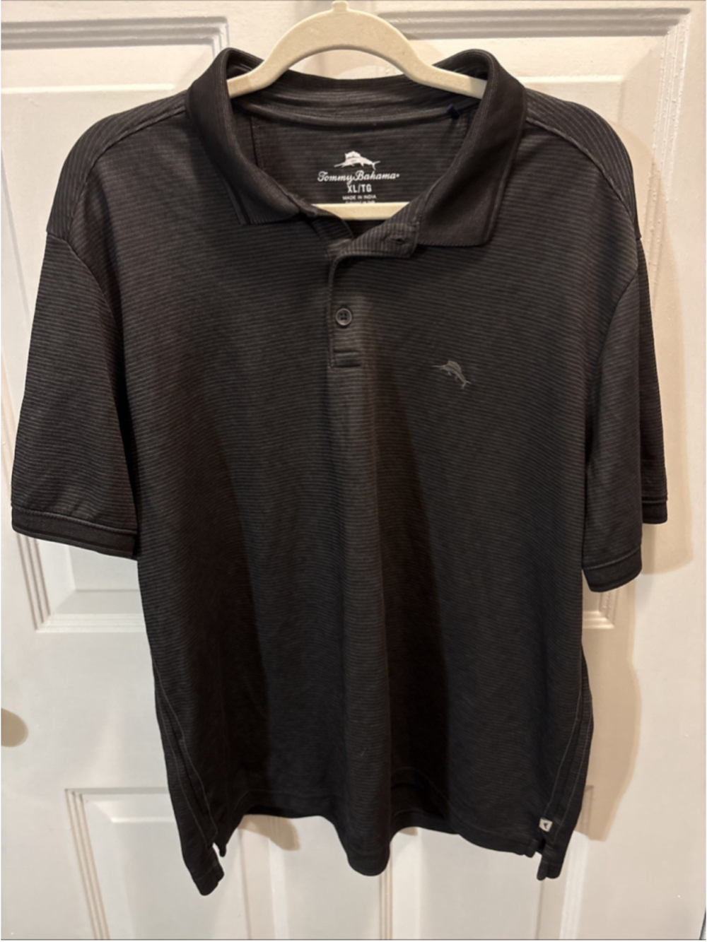 Tommy Bahama Mens Polo Shirt Gray Black Stripe Short Sleeve Button Neck Size XL